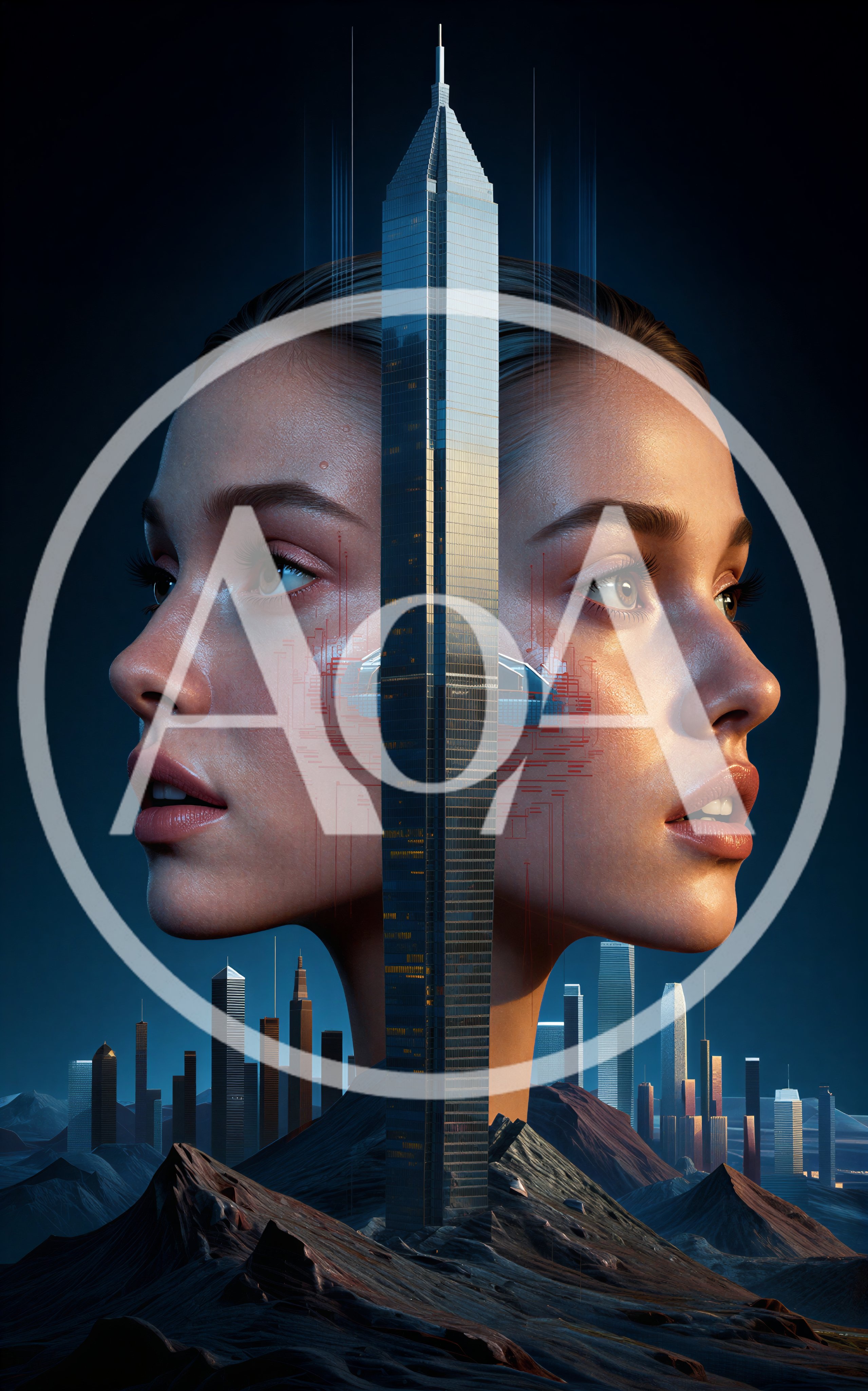 Surreal Digital Portrait Of Twin Faces And Skyscraper