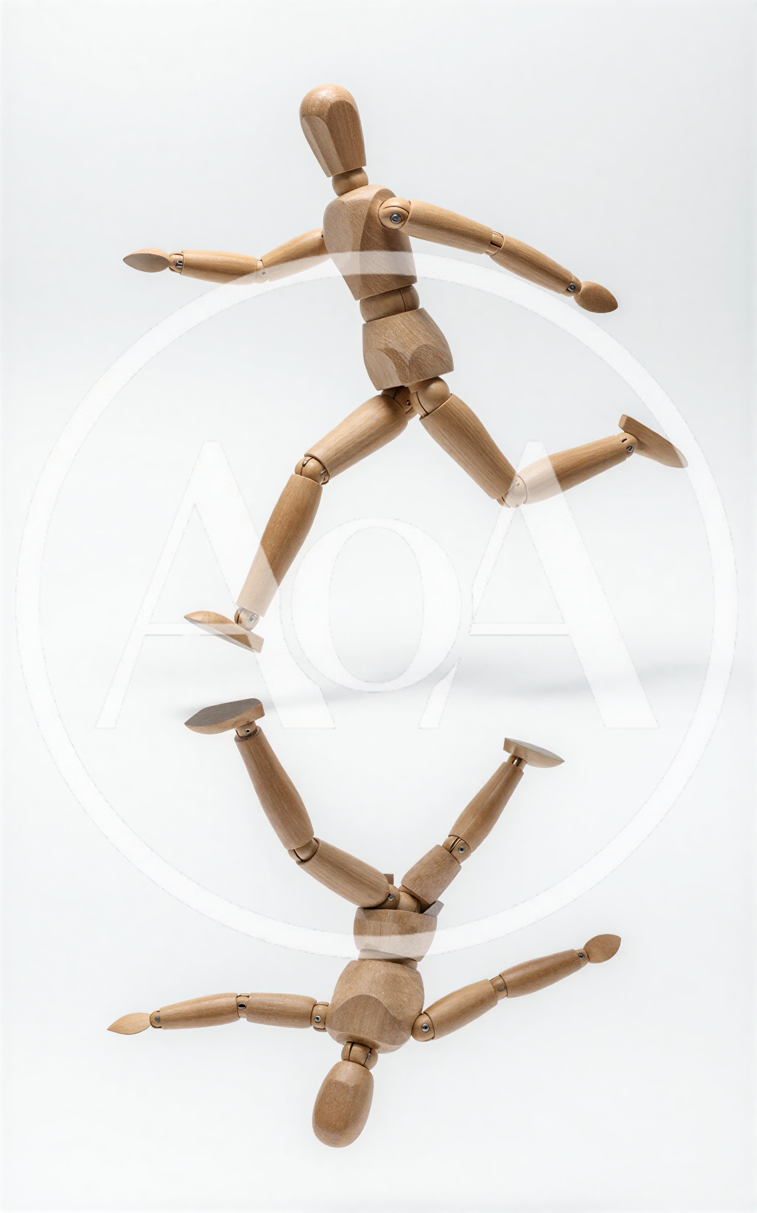 Wooden Mannequin Jumping With Its Reflection