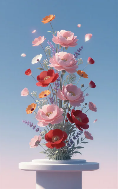 Bouquet of Vibrant Poppies and Lavender on Pedestal