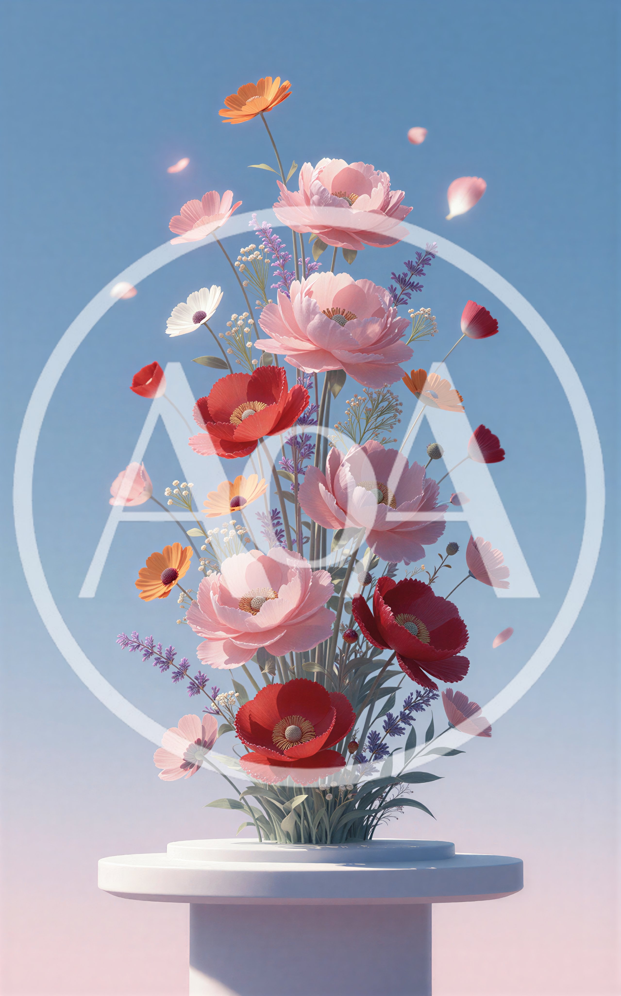 Bouquet of Vibrant Poppies and Lavender on Pedestal