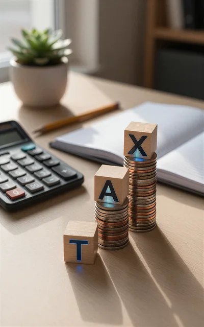 Wooden Blocks Spelling Tax on Stacks of Coins
