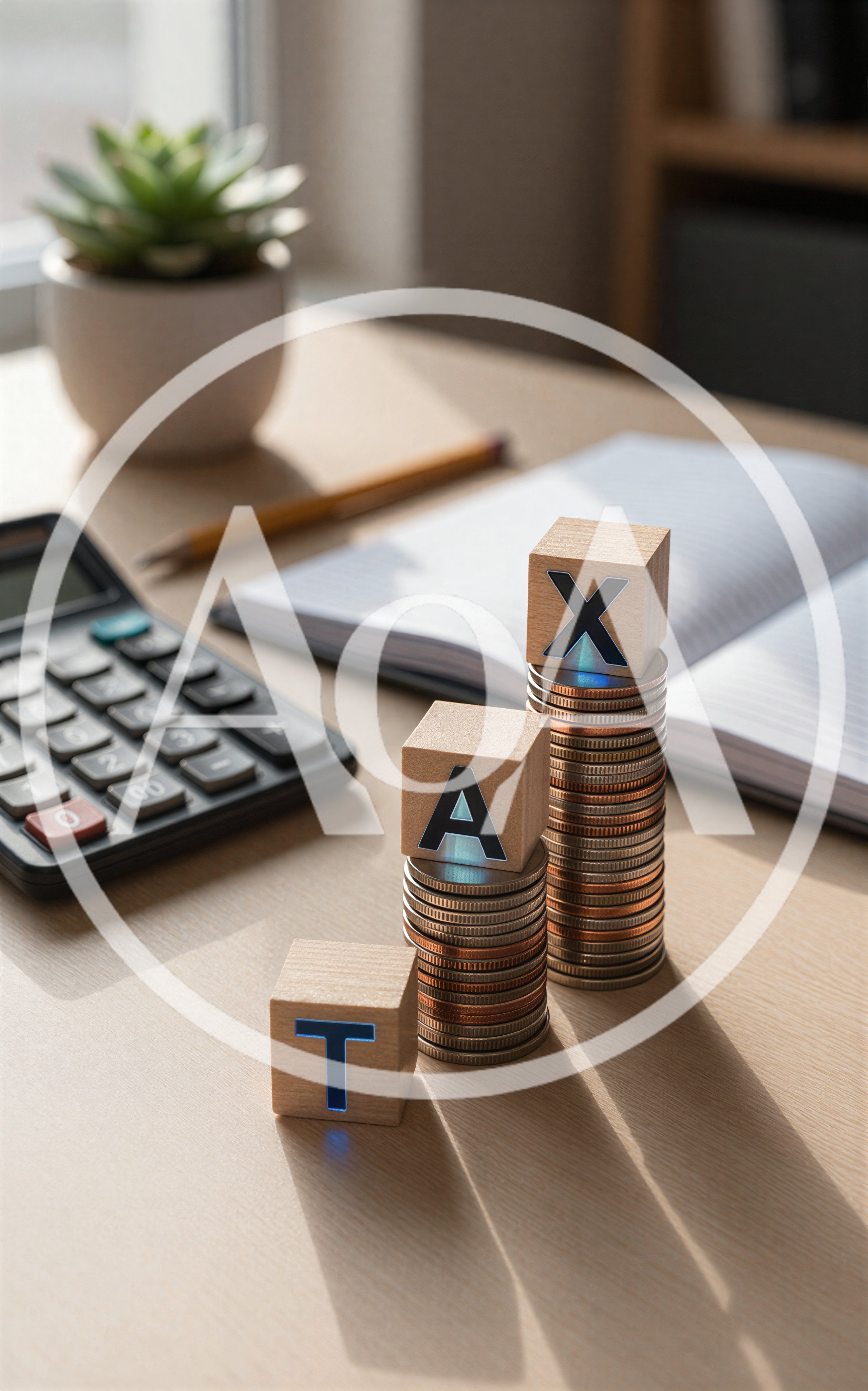 Wooden Blocks Spelling Tax on Stacks of Coins