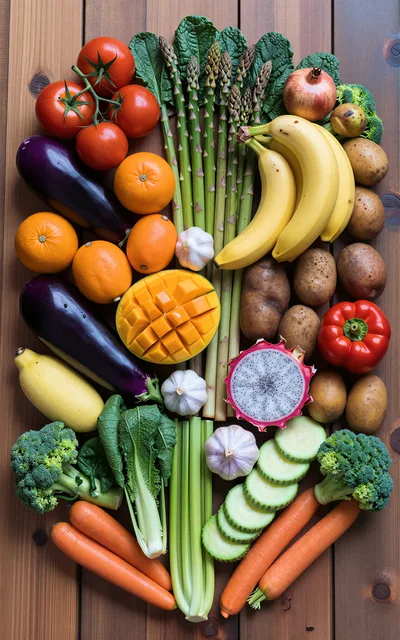 Assorted Fresh Fruits And Vegetables On Wooden Table