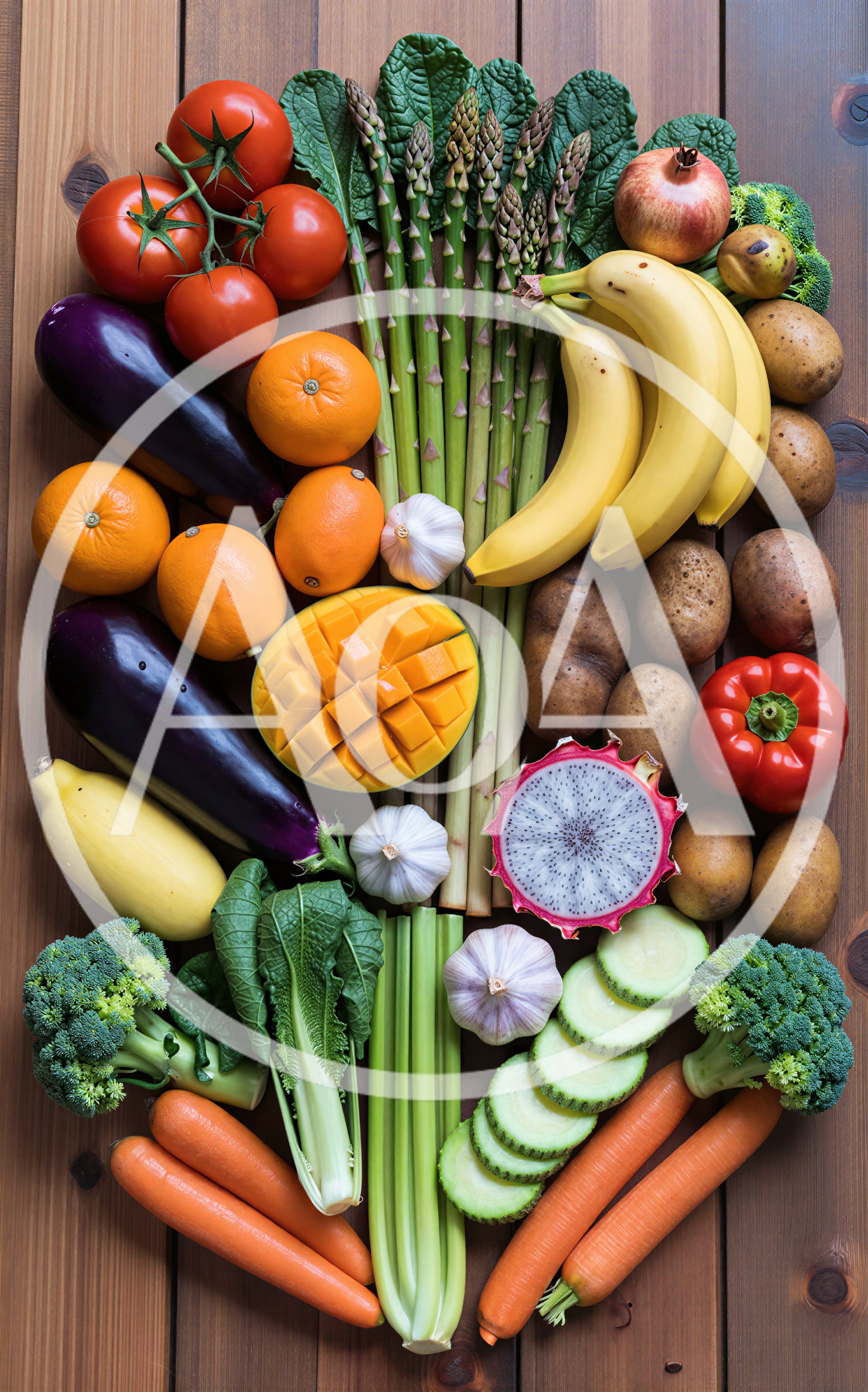 Assorted Fresh Fruits And Vegetables On Wooden Table