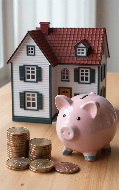 Piggy Bank And Model House With Stacks Of Coins