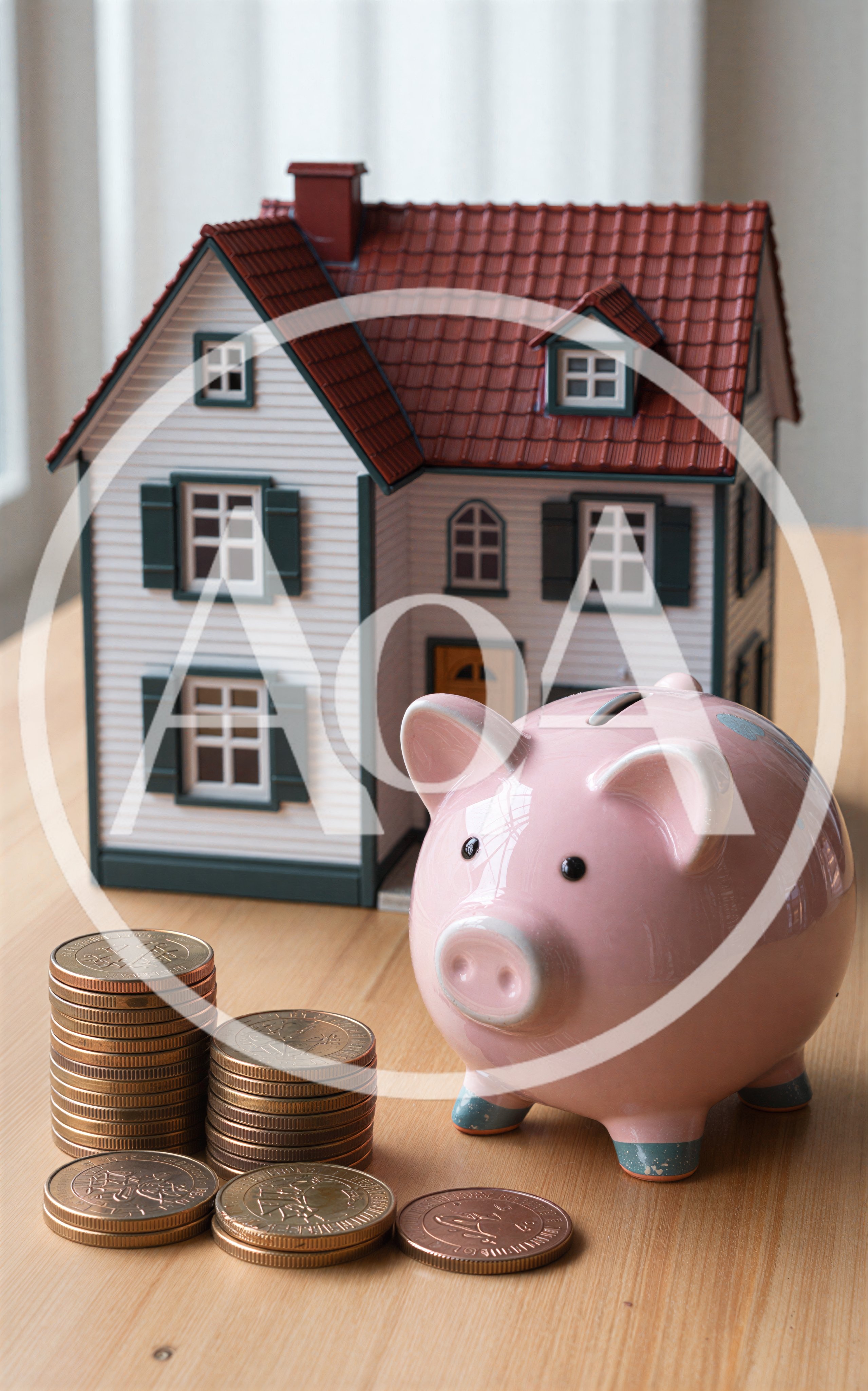 Piggy Bank And Model House With Stacks Of Coins