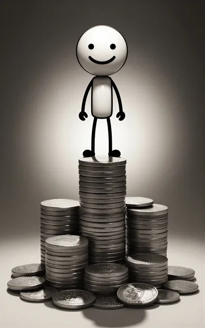 Stick Figure Character Standing Atop Tall Coin Stack
