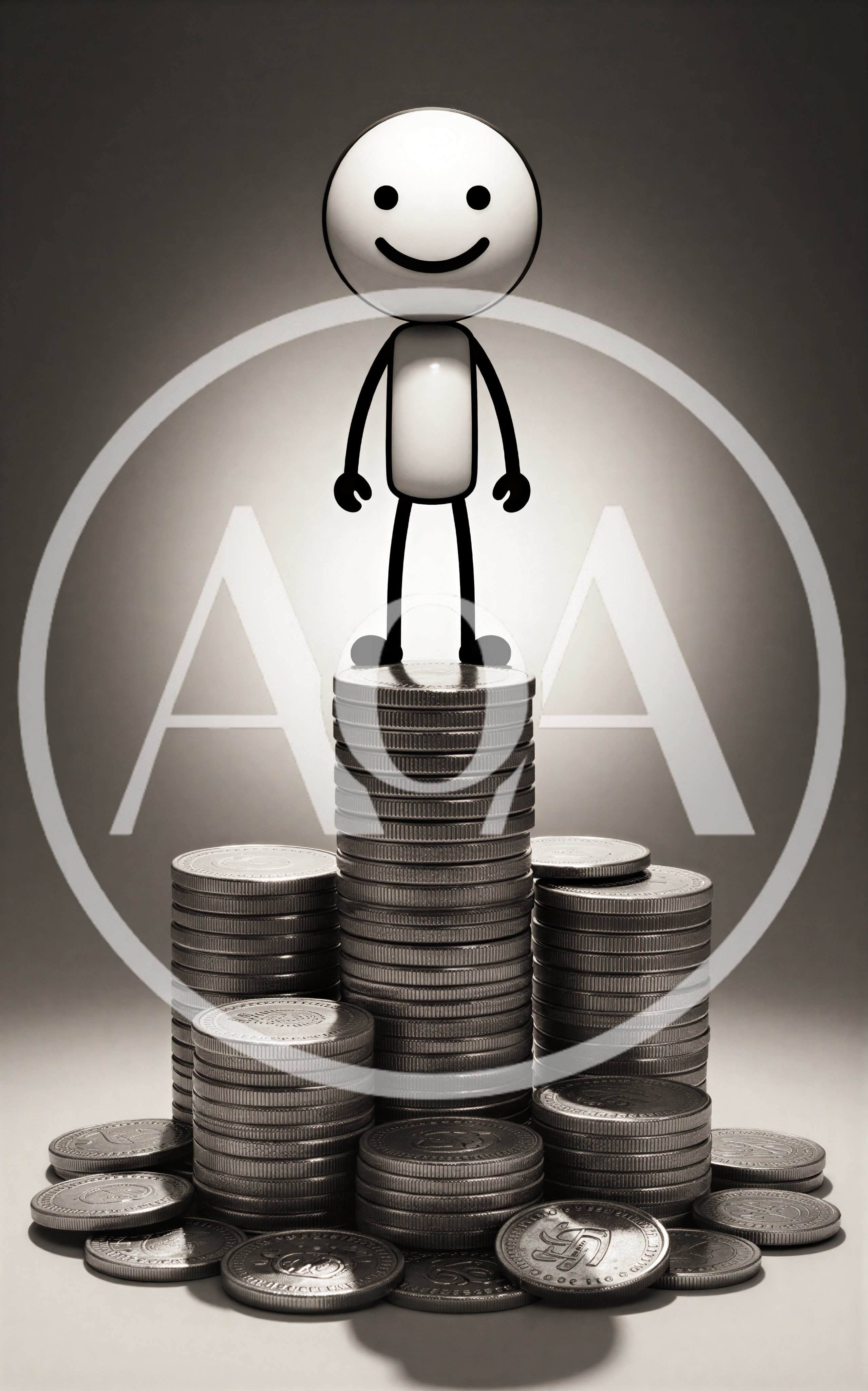 Stick Figure Character Standing Atop Tall Coin Stack