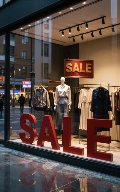 Clothing Store Window Display With Large Sale Signage