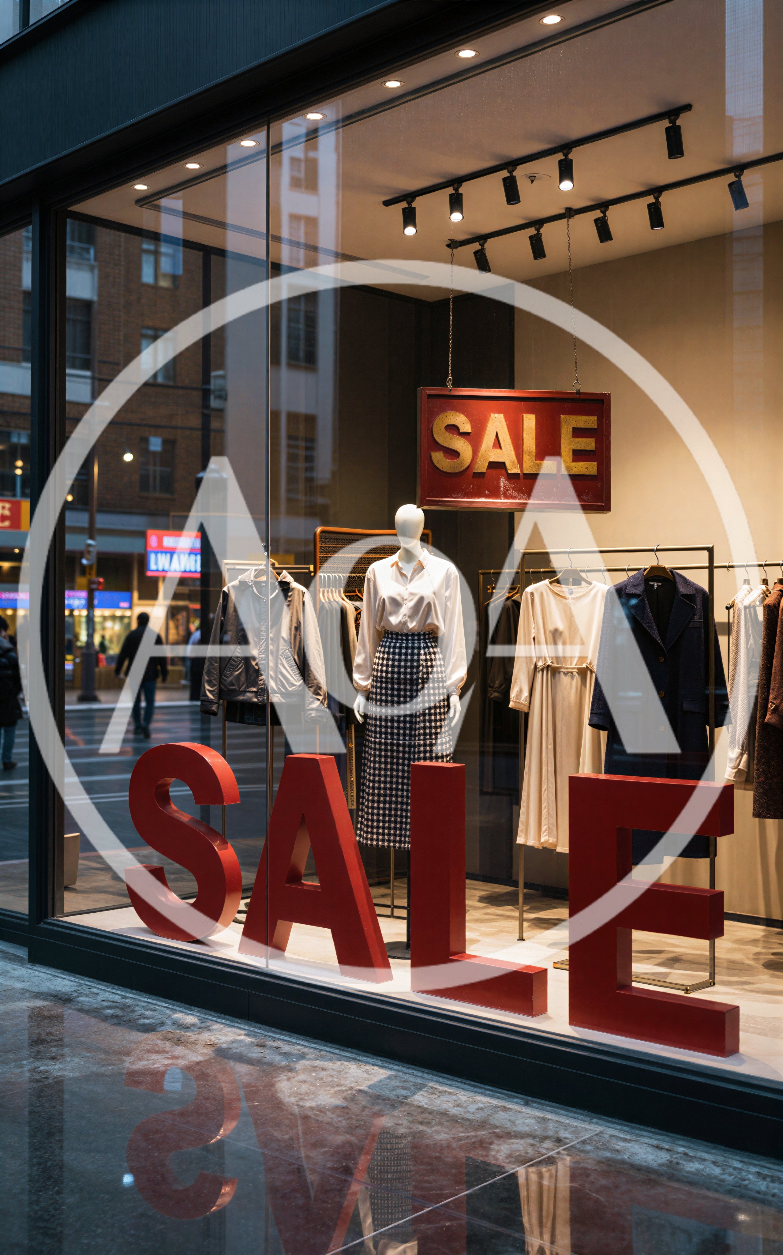 Clothing Store Window Display With Large Sale Signage
