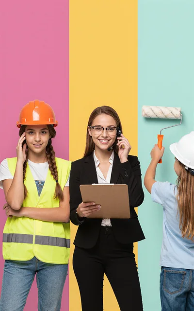 Young Girls and Businesswoman Posing Against Colorful Background