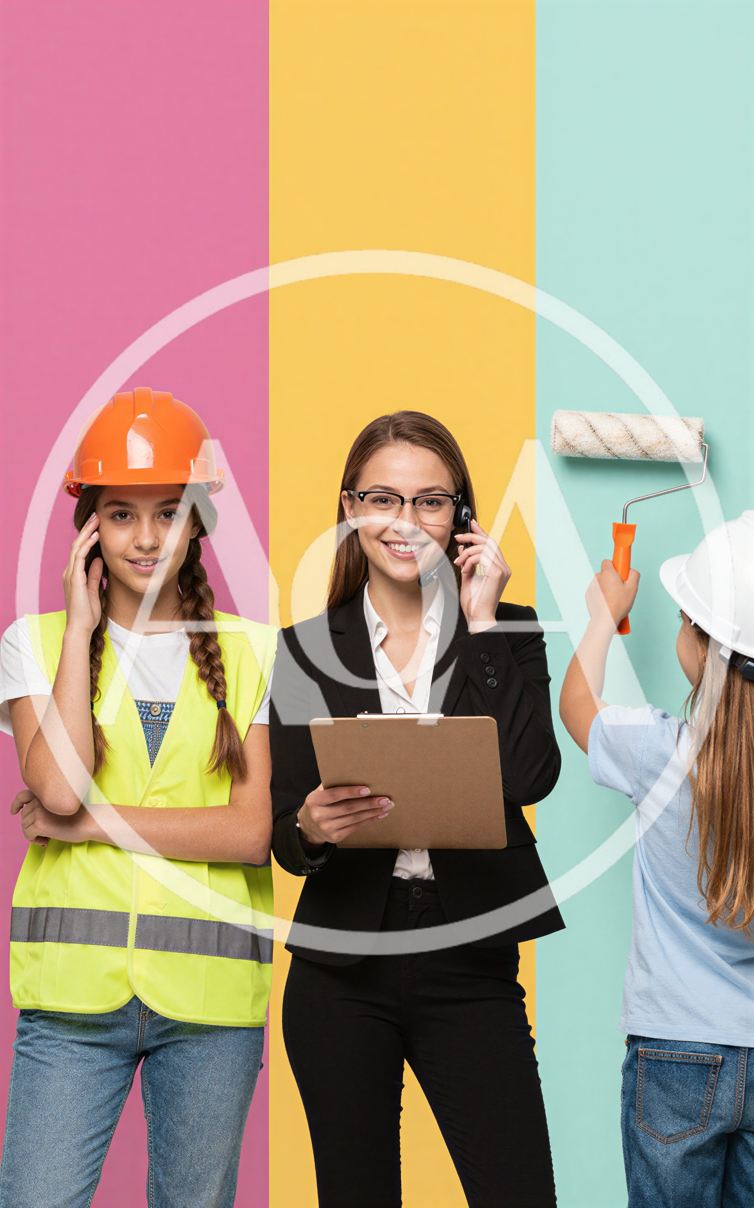 Young Girls and Businesswoman Posing Against Colorful Background