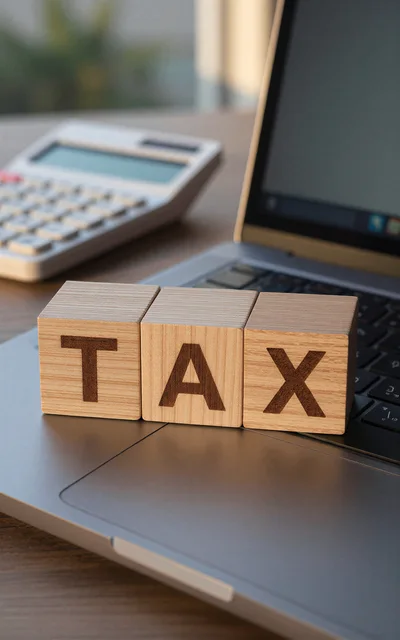 Wooden Blocks Spelling Tax on Laptop Keyboard