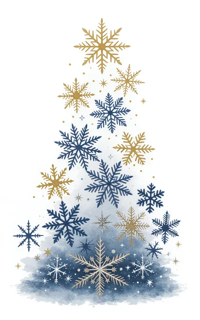 Christmas Tree Illustration Made Of Gold And Blue Snowflakes