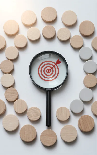 Magnifying Glass Over Target Icon Surrounded By Wooden Discs