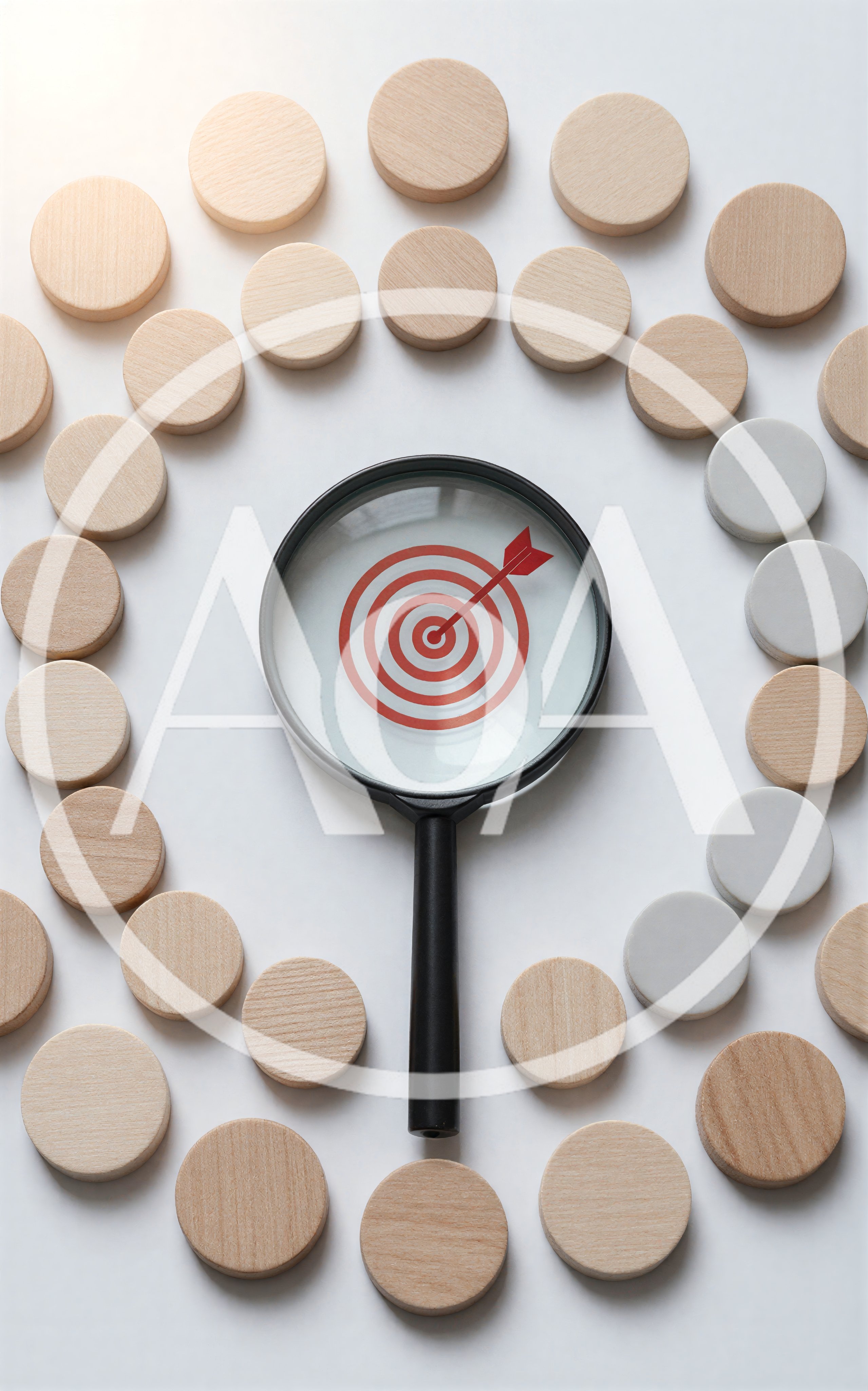 Magnifying Glass Over Target Icon Surrounded By Wooden Discs
