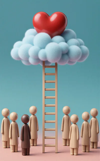 Wooden Figurines Looking Up At A Heart On A Cloud