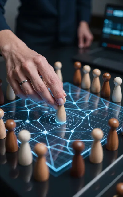 Business Professional Placing Wooden Pawn On Digital Network Board