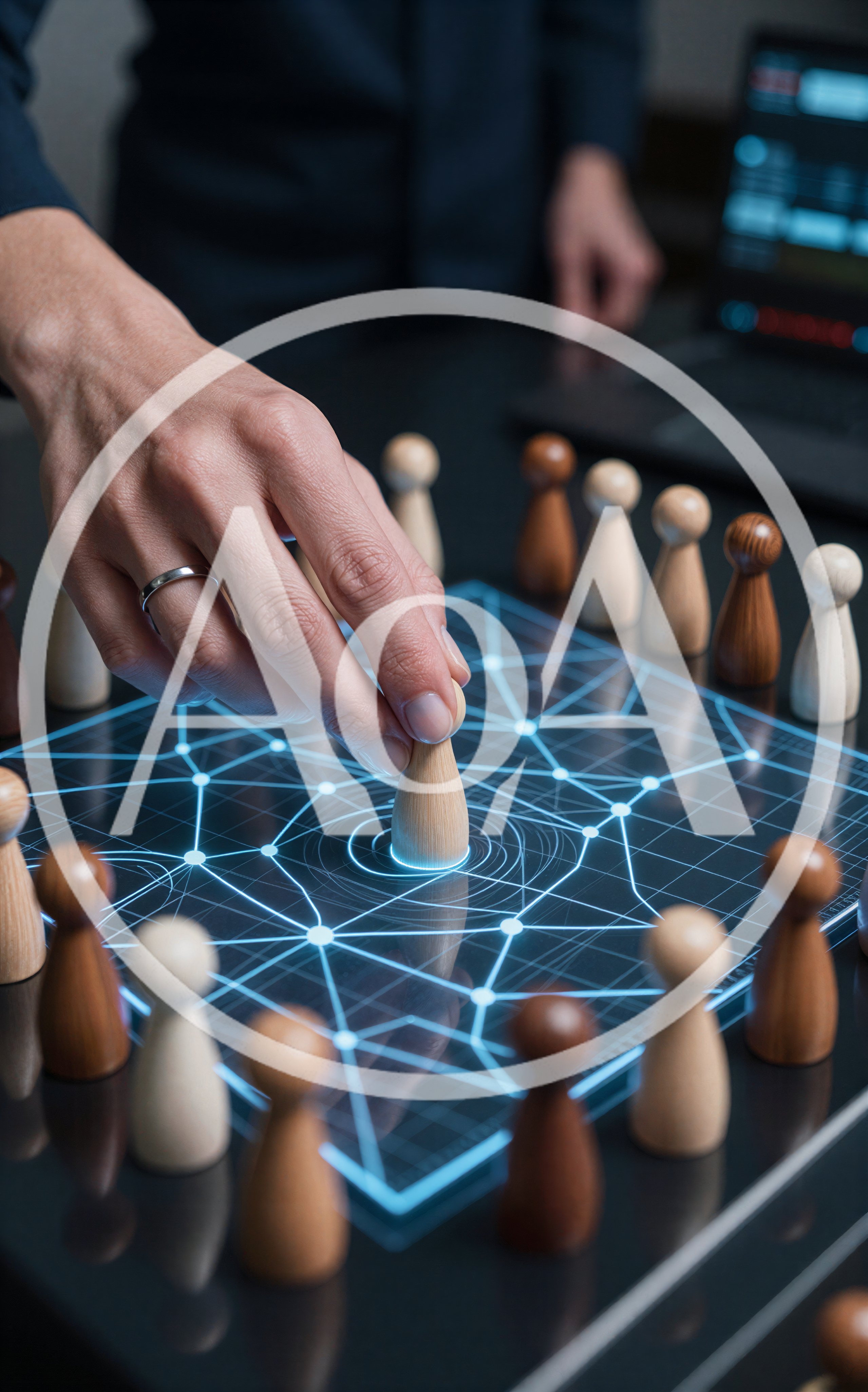 Business Professional Placing Wooden Pawn On Digital Network Board