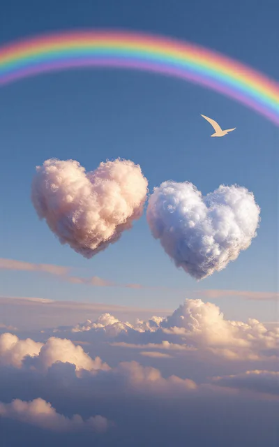 Two Heart Shaped Clouds Floating In A Blue Sky