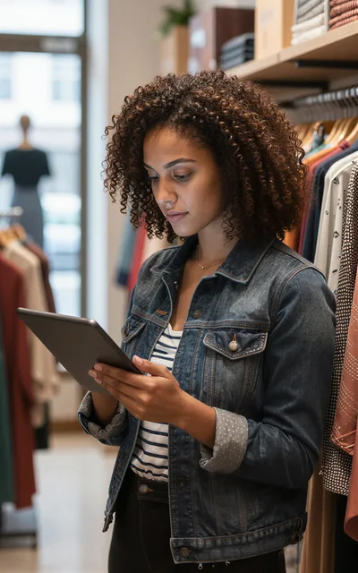 Young Woman Using Digital Tablet In Clothing Store
