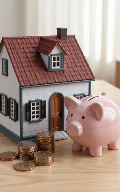Model House and Piggy Bank with Stacks of Coins
