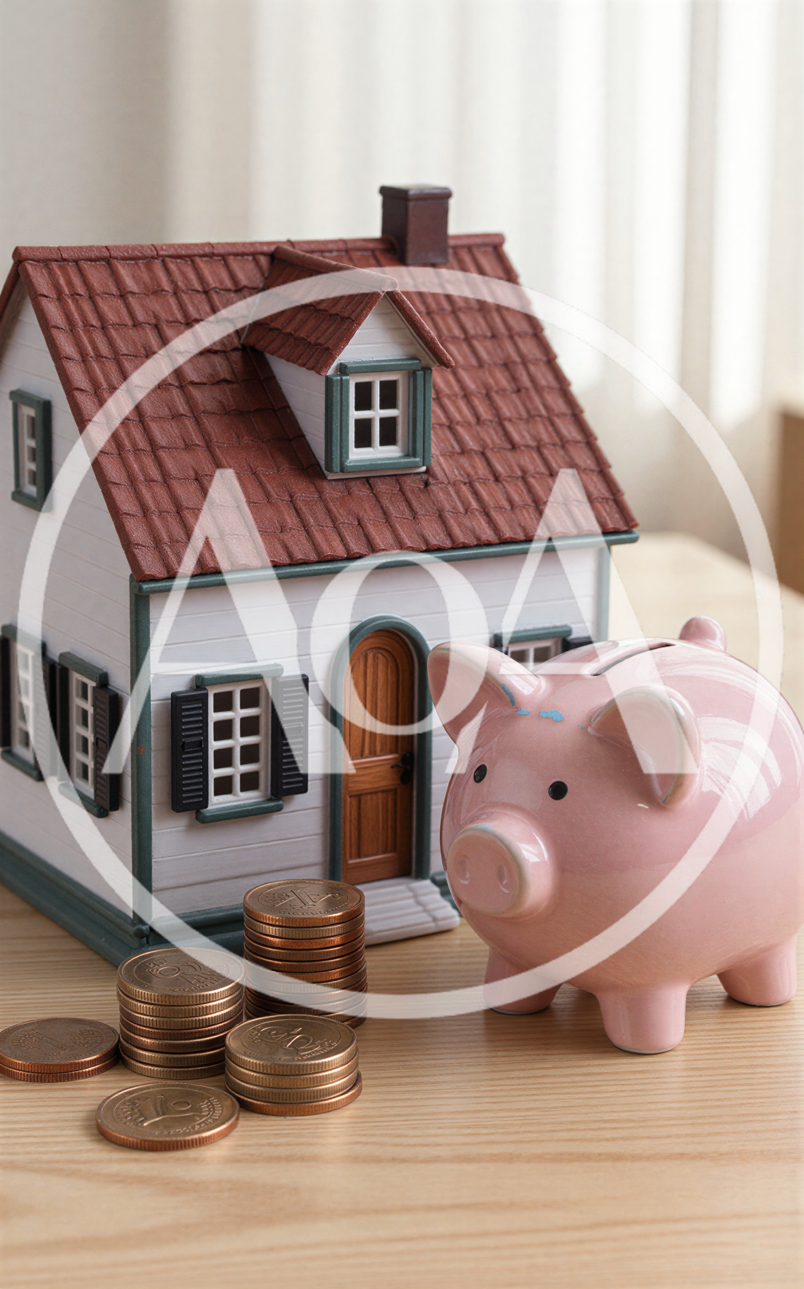 Model House and Piggy Bank with Stacks of Coins