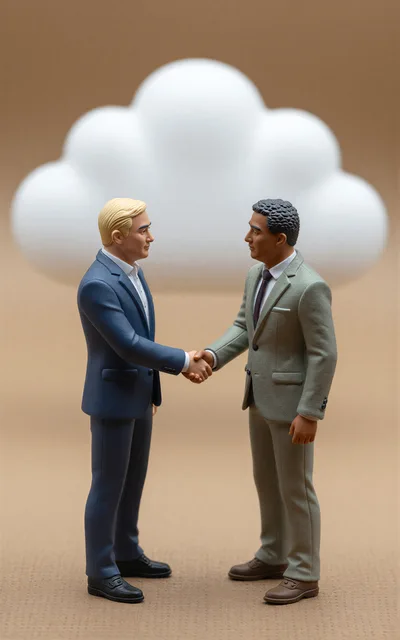 Miniature Businessmen Shaking Hands In Front Of Cloud