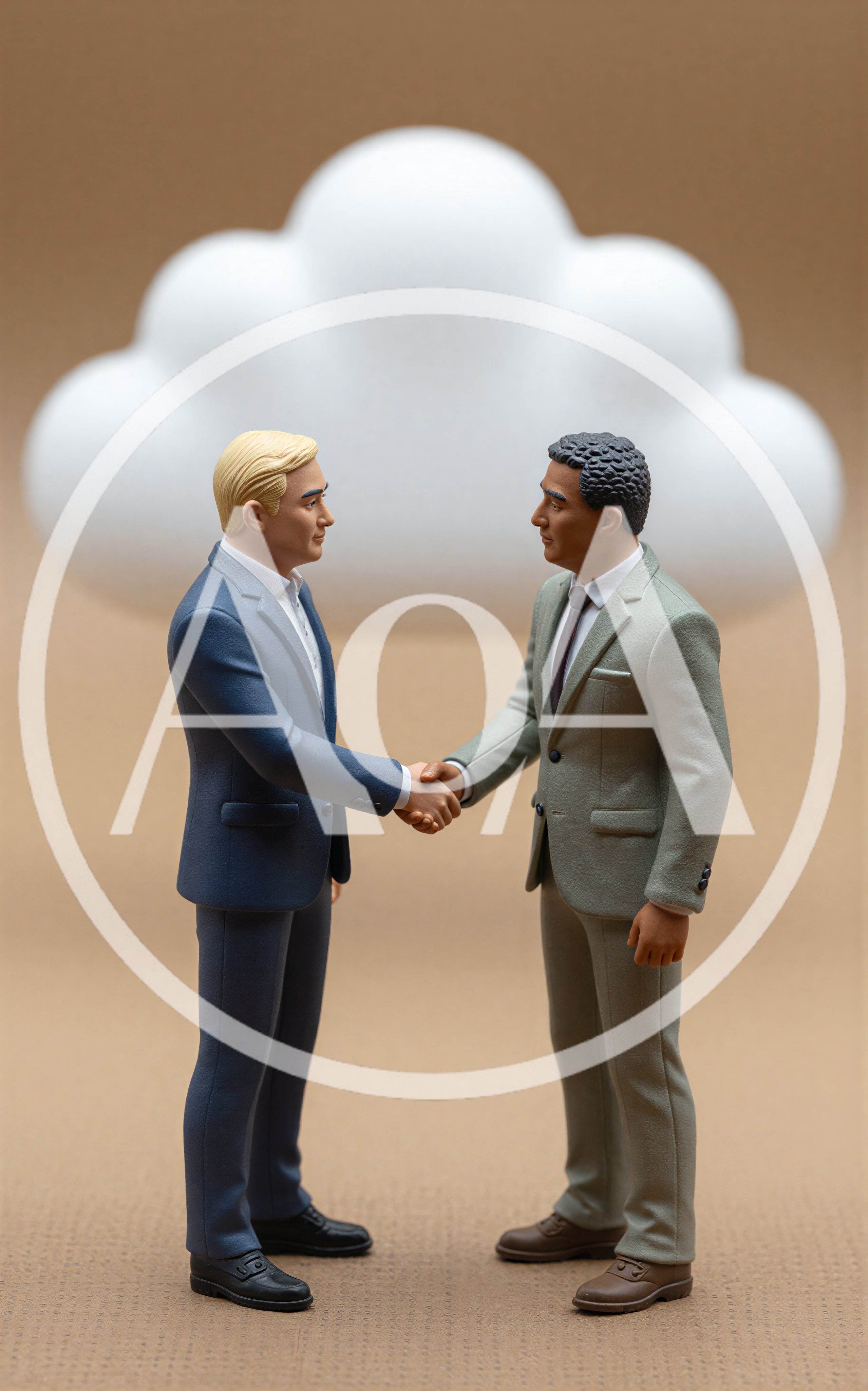 Miniature Businessmen Shaking Hands In Front Of Cloud