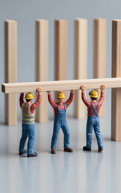 Miniature Construction Workers Lifting A Wooden Beam