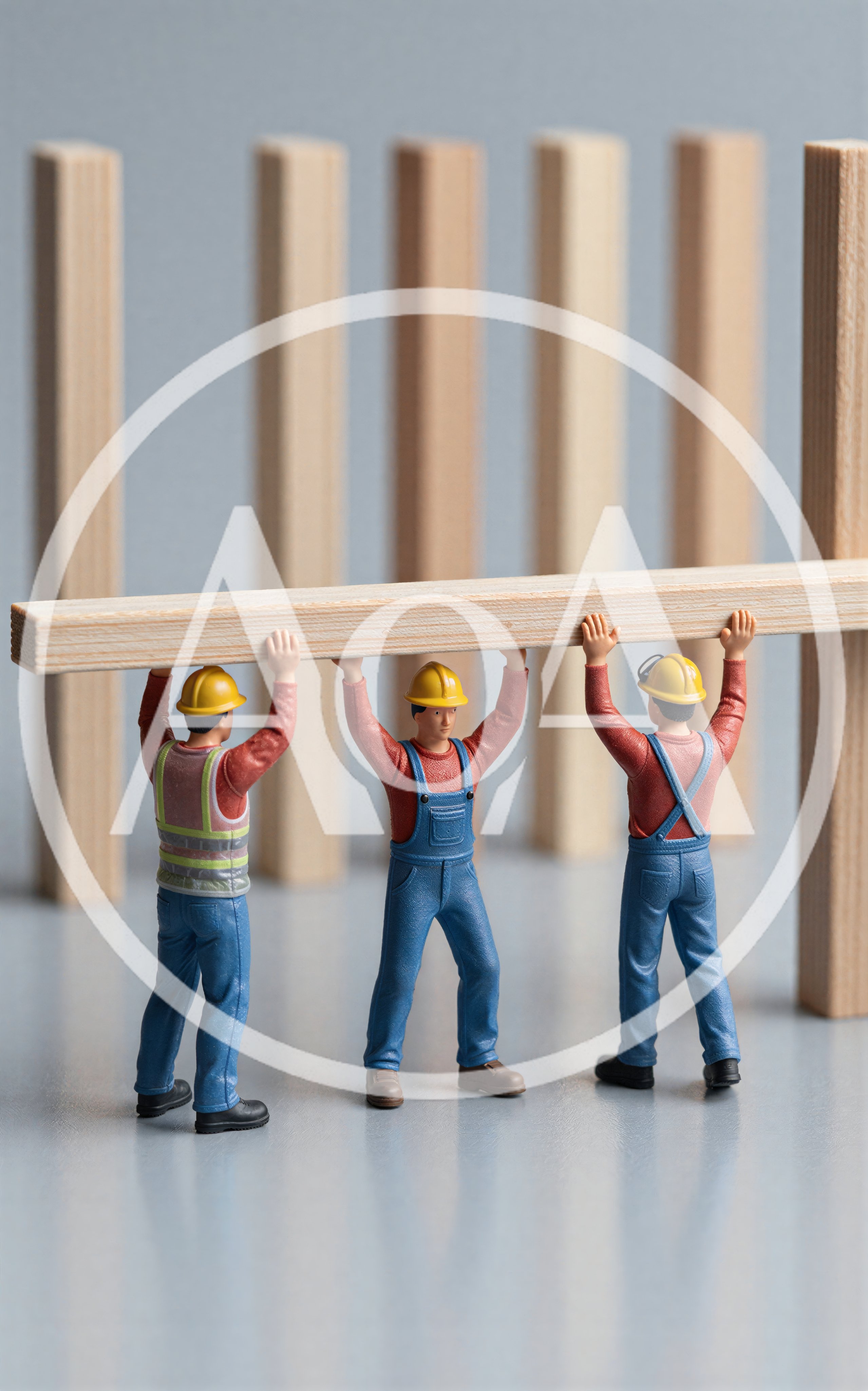 Miniature Construction Workers Lifting A Wooden Beam
