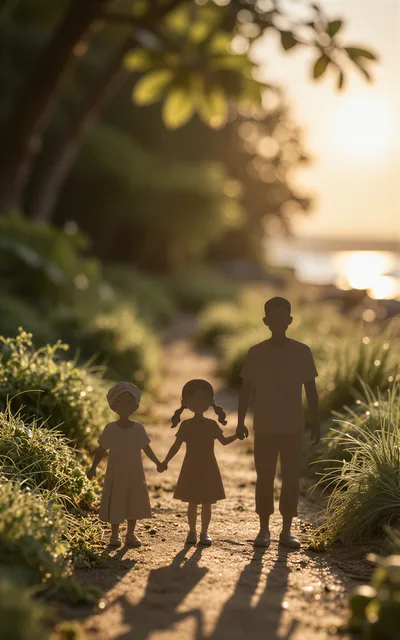 Paper Cutout Family Walking Along A Sunny Path