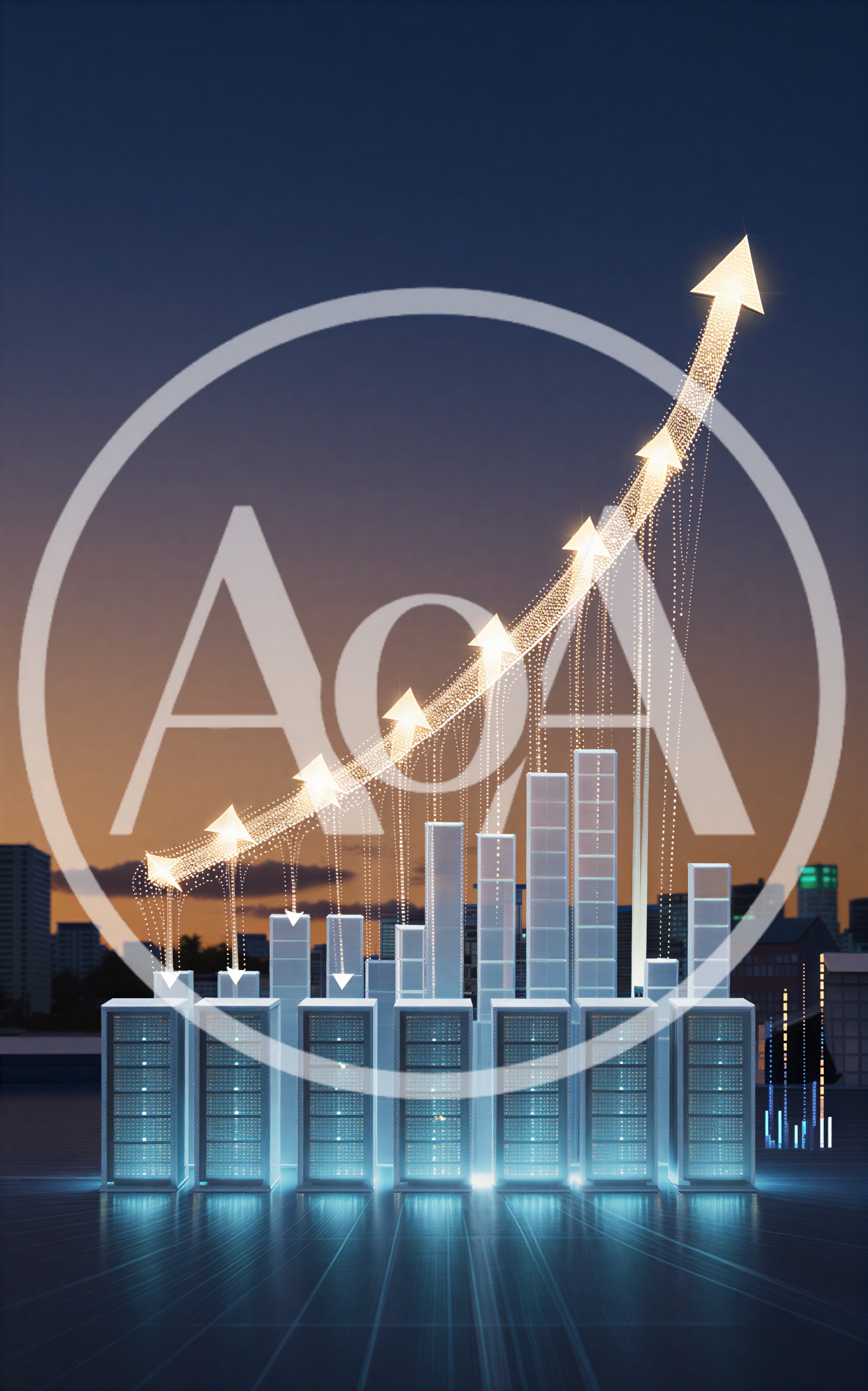 Digital Server Racks With Glowing Growth Chart Visualization