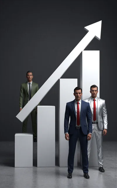 Three Businessmen Standing Before A Rising Bar Chart