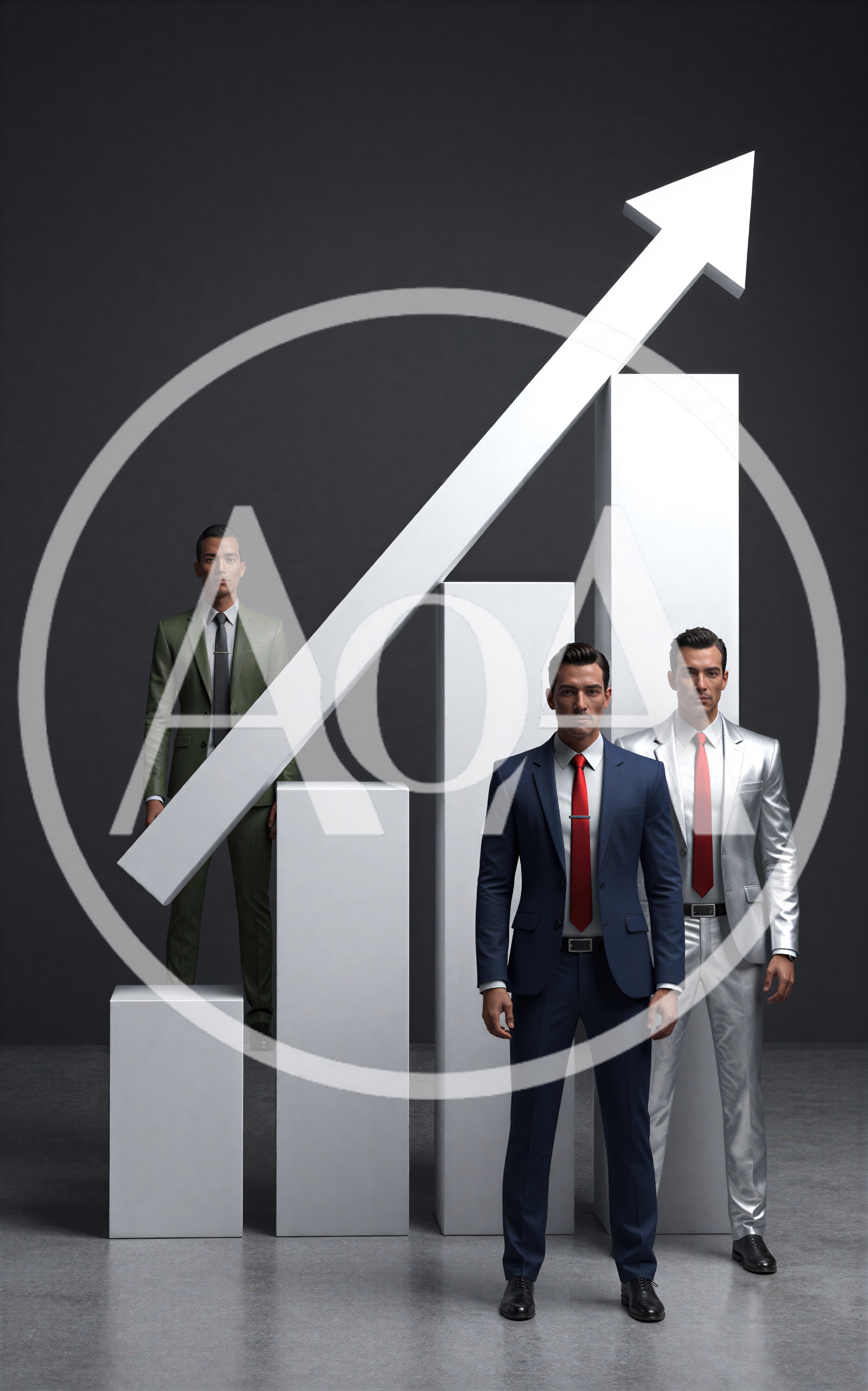 Three Businessmen Standing Before A Rising Bar Chart