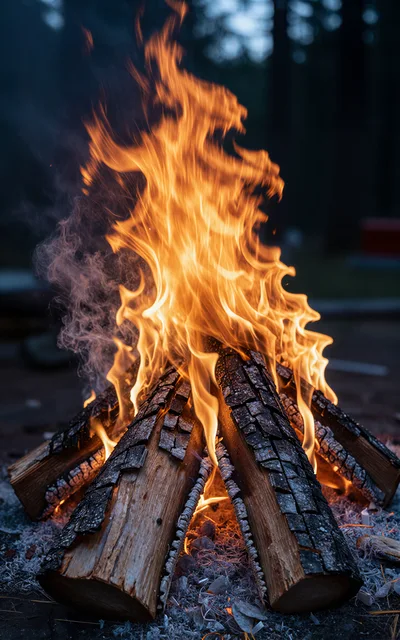 Bright Campfire Burning With Glowing Logs At Night