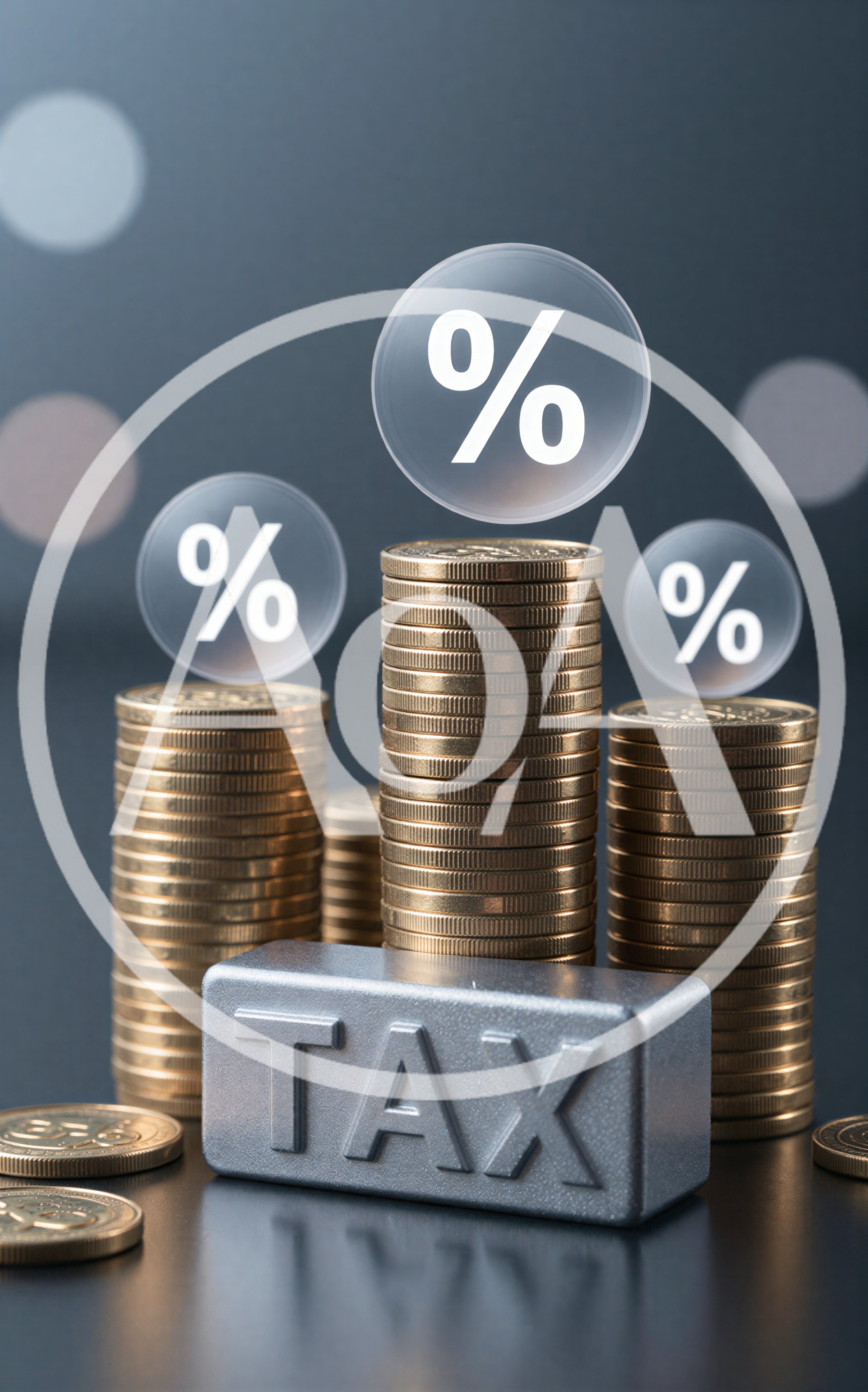 Stacks of Gold Coins with Tax Bar and Percentage Symbols