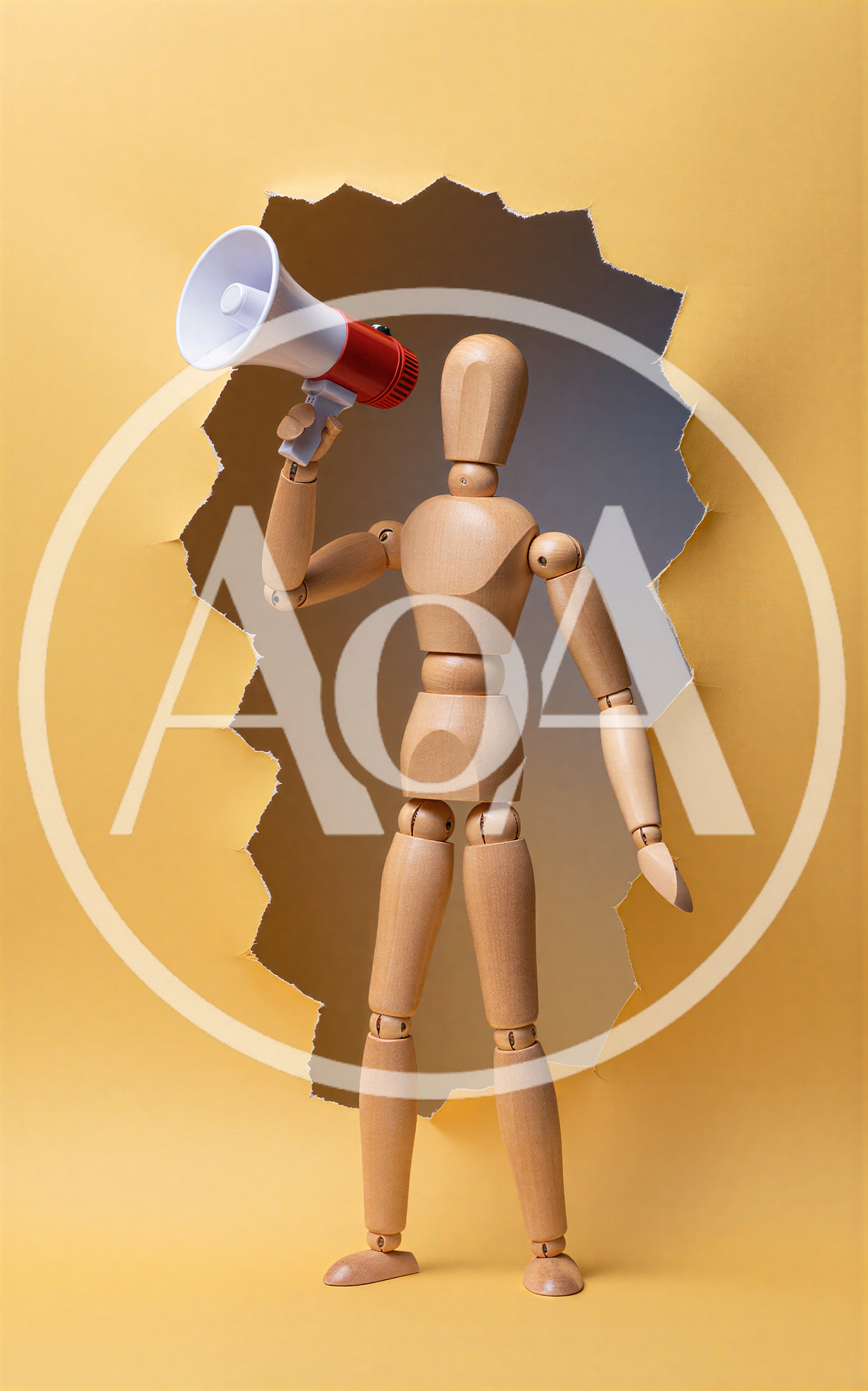 Wooden Mannequin Holding A Megaphone Through Torn Paper