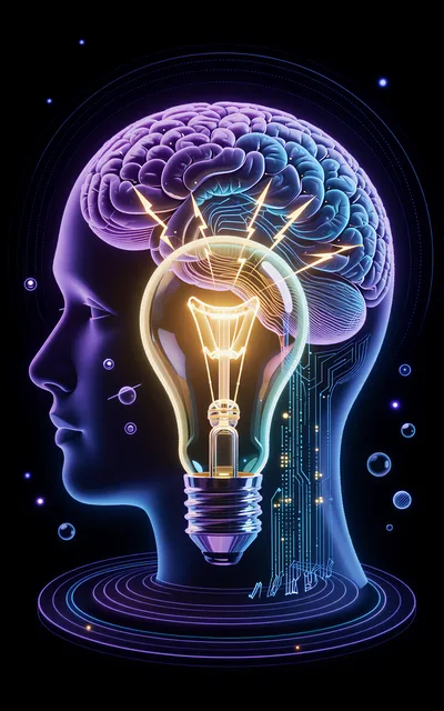 Digital Human Head With Glowing Brain And Lightbulb