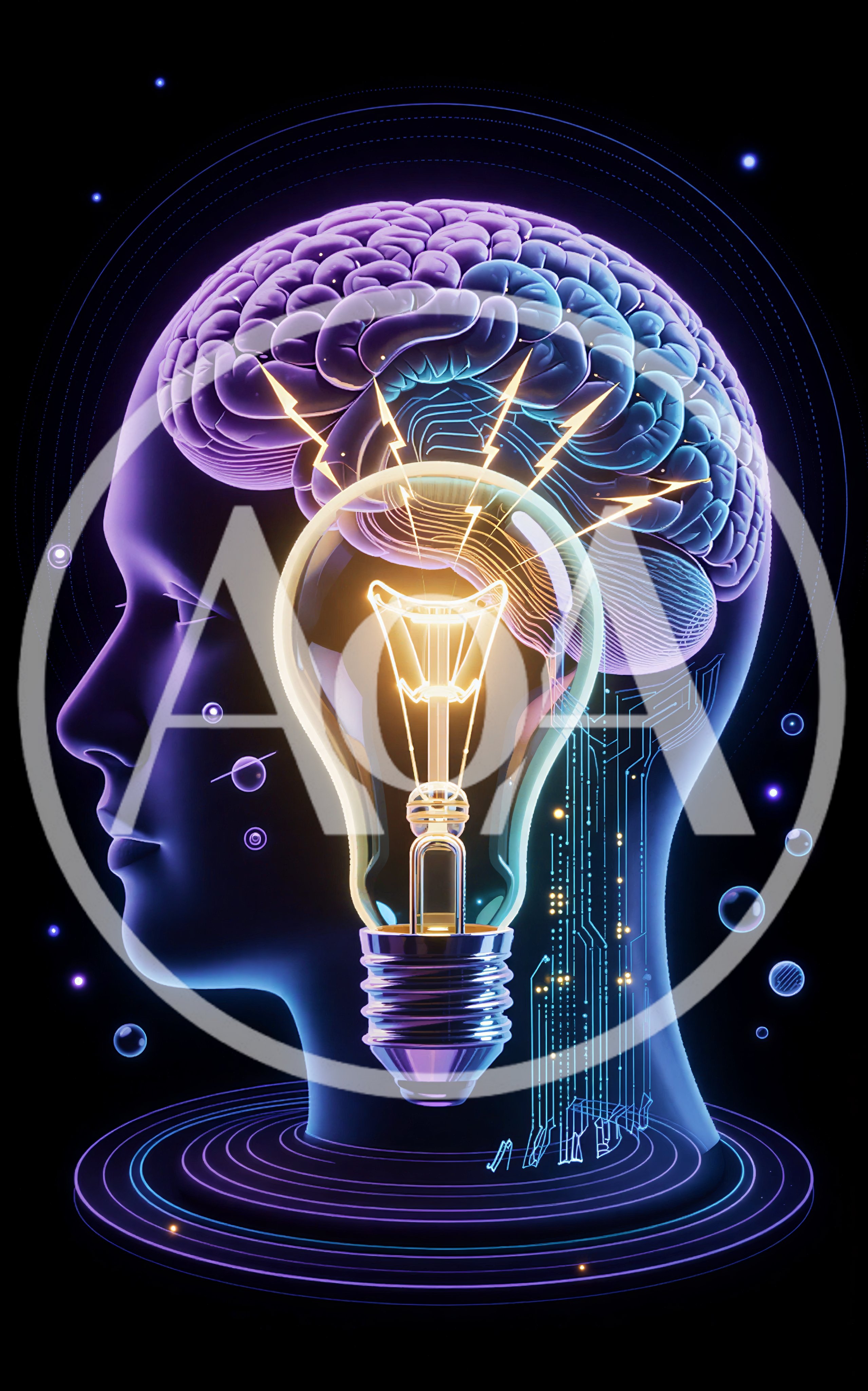 Digital Human Head With Glowing Brain And Lightbulb