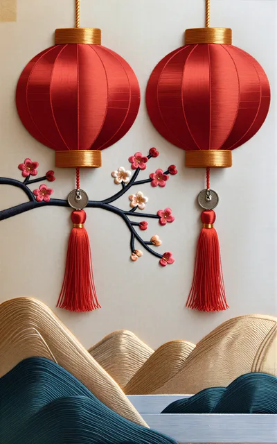 Embroidered Chinese Lanterns With Plum Blossoms And Mountains
