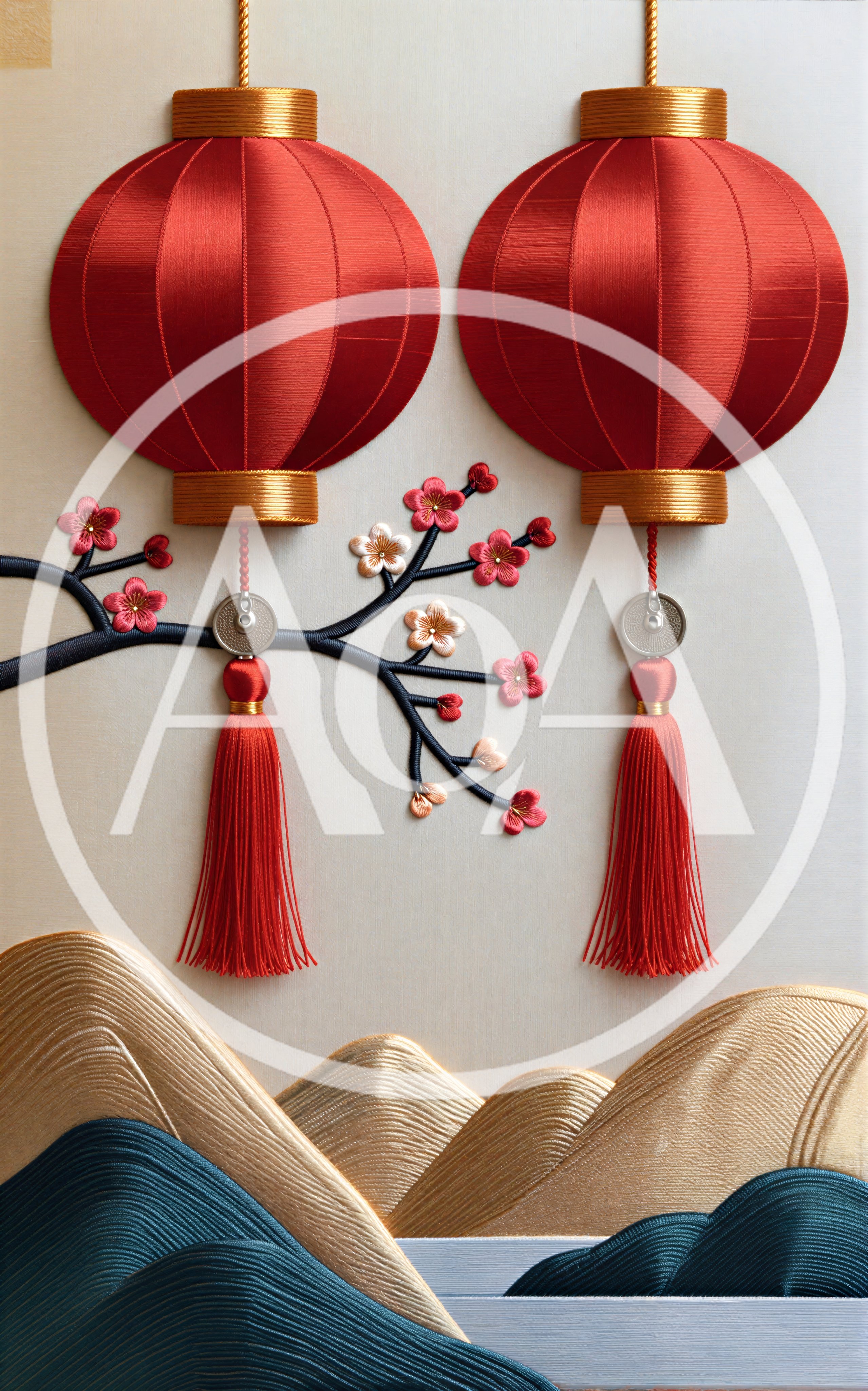 Embroidered Chinese Lanterns With Plum Blossoms And Mountains