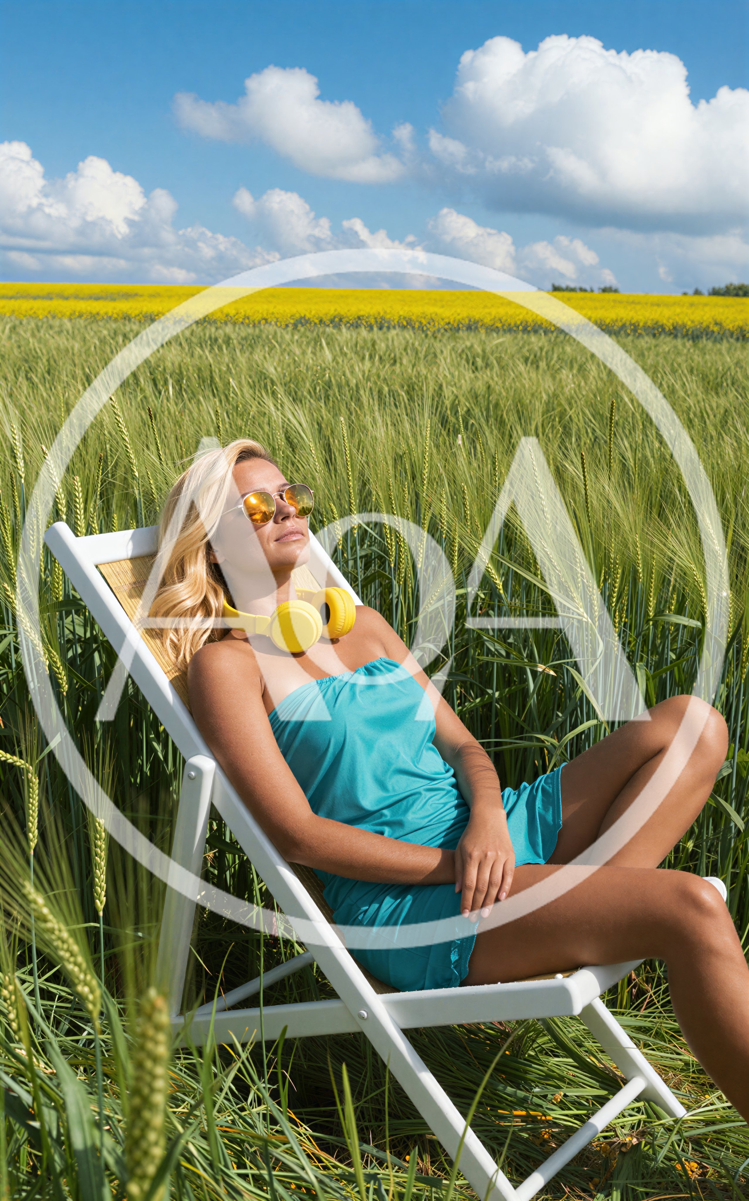 Woman Relaxing In A Lounge Chair In A Wheat Field