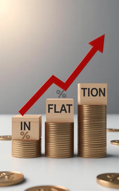 Inflation Concept With Wooden Blocks And Coin Stacks