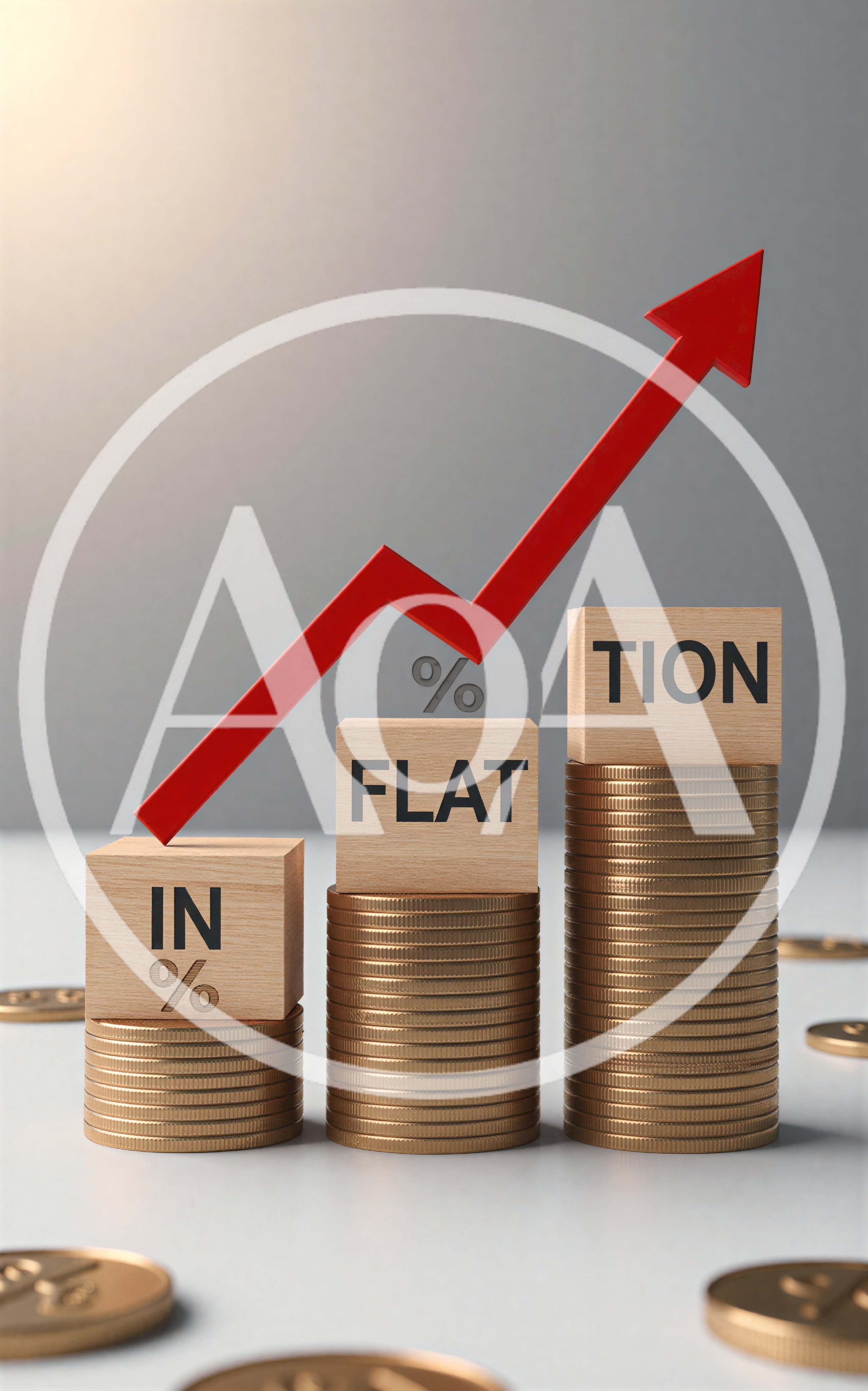 Inflation Concept With Wooden Blocks And Coin Stacks