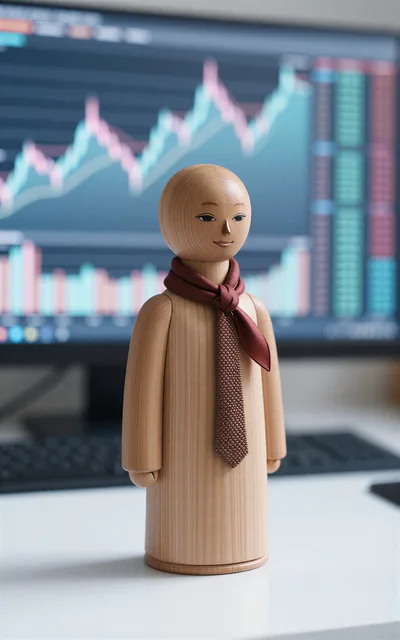 Wooden Figurine Standing Before Financial Trading Chart Monitor