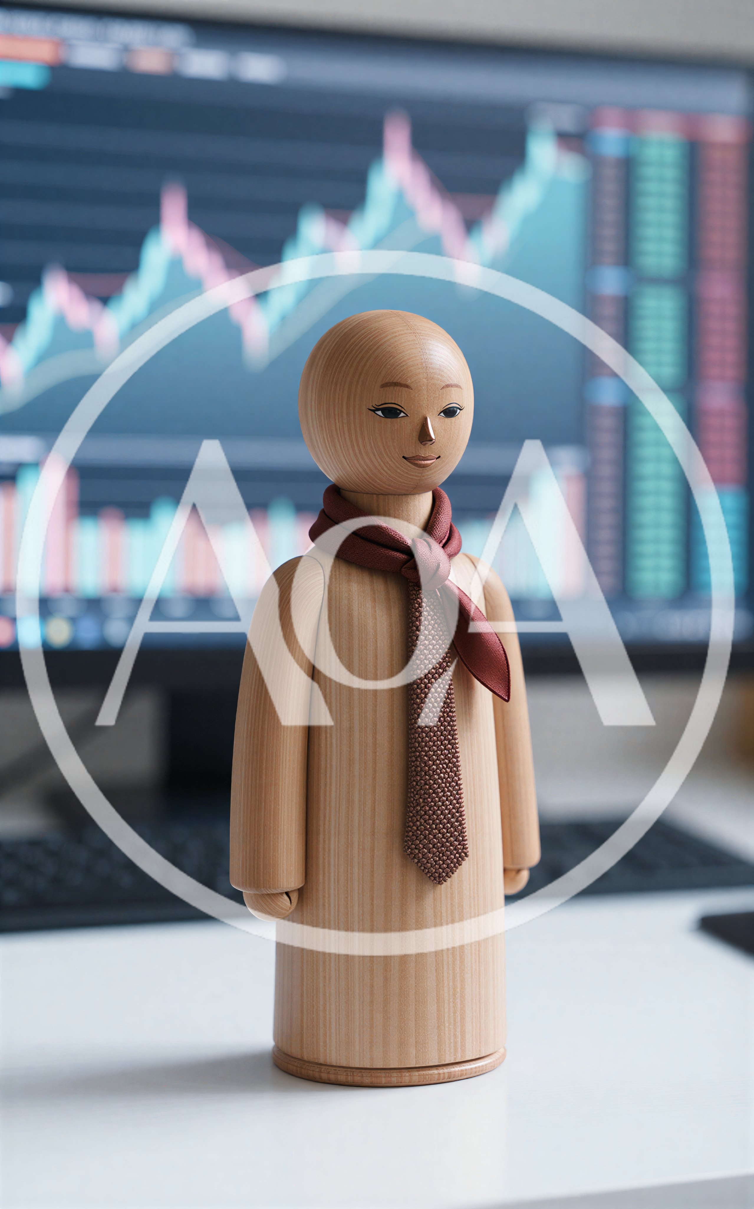 Wooden Figurine Standing Before Financial Trading Chart Monitor