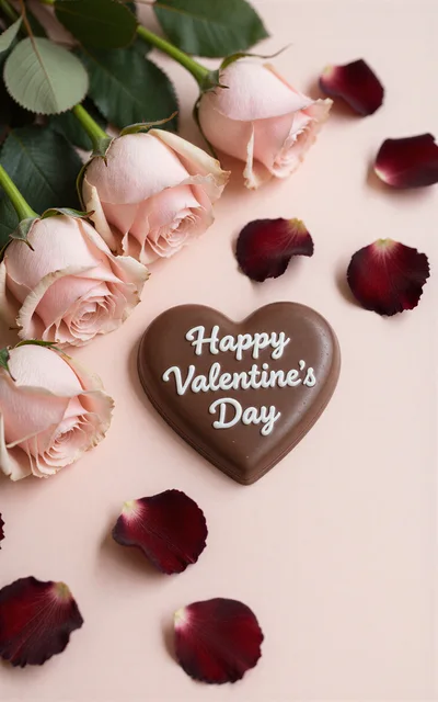 Heart Shaped Chocolate With Pink Roses For Valentines Day