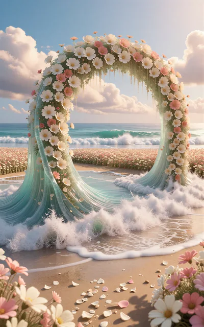 Surreal Floral Archway Rising From Ocean Waves