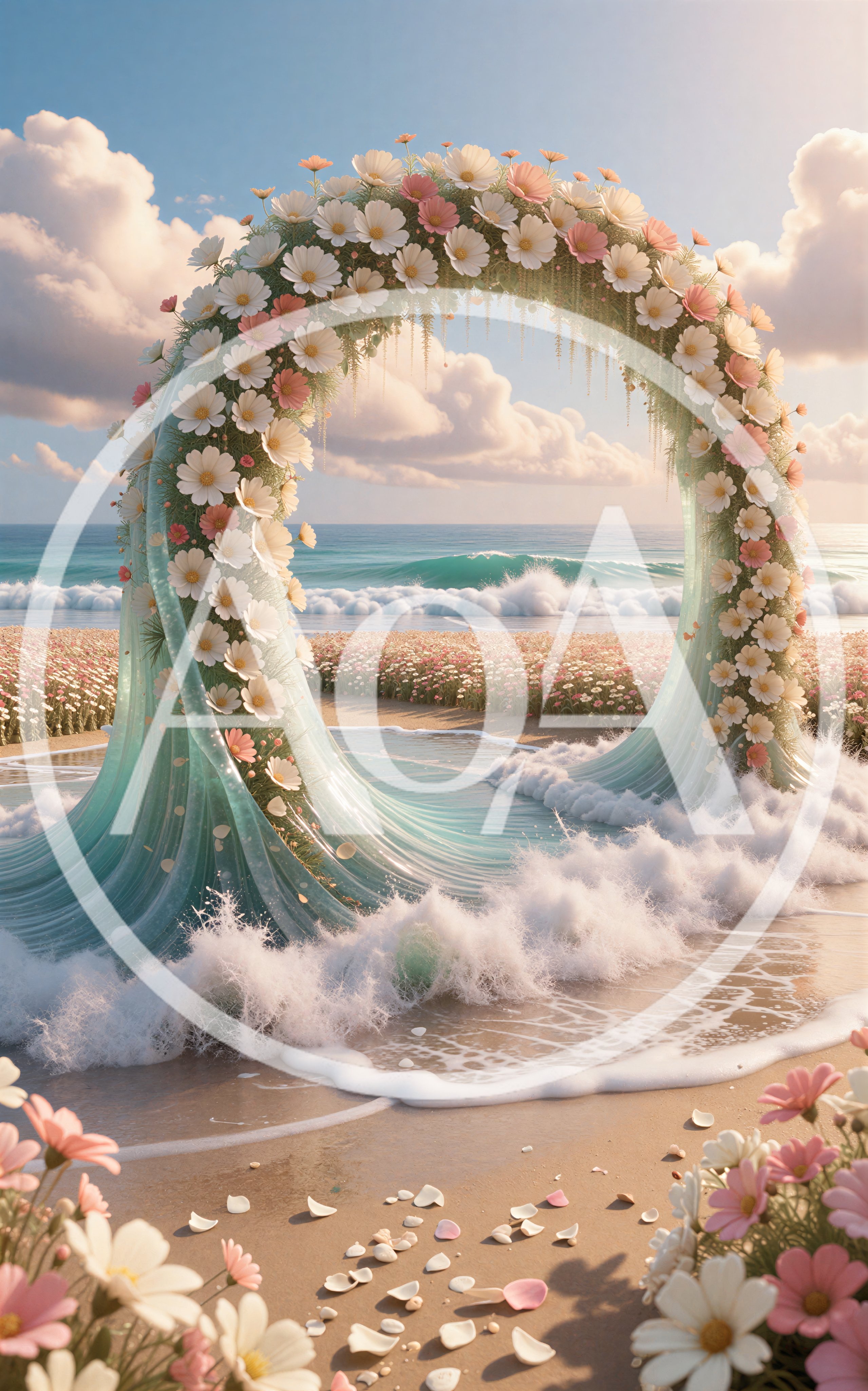 Surreal Floral Archway Rising From Ocean Waves